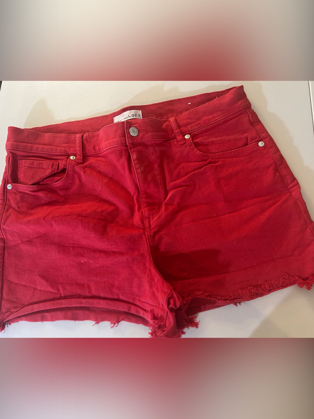 LOFT Bright Red Frayed Hem Denim Shorts